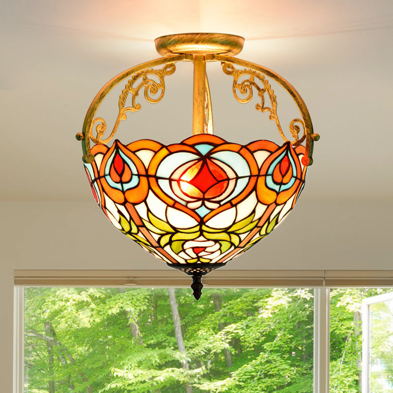 2/3 Lights Petal Semi Flush Mediterranean Red Cut Glass Close to Ceiling Lamp for Bedroom Clearhalo 'Ceiling Lights' 'Close To Ceiling Lights' 'Close to ceiling' 'Glass shade' 'Glass' 'Semi-flushmount' 'Tiffany close to ceiling' 'Tiffany' Lighting' 360530