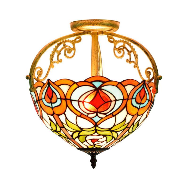 2/3 Lights Petal Semi Flush Mediterranean Red Cut Glass Close to Ceiling Lamp for Bedroom Clearhalo 'Ceiling Lights' 'Close To Ceiling Lights' 'Close to ceiling' 'Glass shade' 'Glass' 'Semi-flushmount' 'Tiffany close to ceiling' 'Tiffany' Lighting' 360531