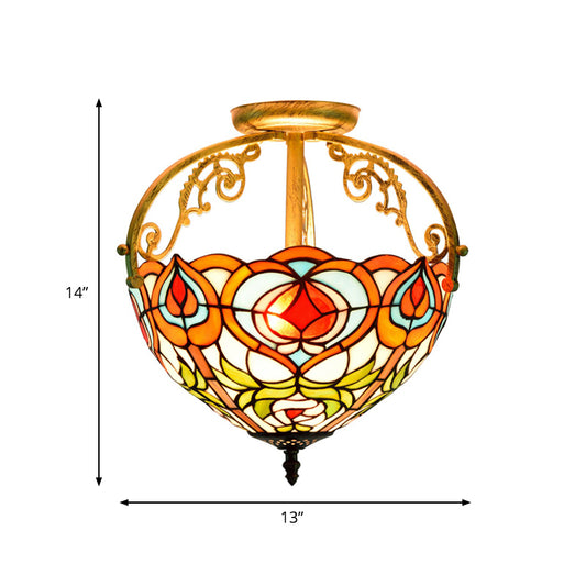 2/3 Lights Petal Semi Flush Mediterranean Red Cut Glass Close to Ceiling Lamp for Bedroom Clearhalo 'Ceiling Lights' 'Close To Ceiling Lights' 'Close to ceiling' 'Glass shade' 'Glass' 'Semi-flushmount' 'Tiffany close to ceiling' 'Tiffany' Lighting' 360533