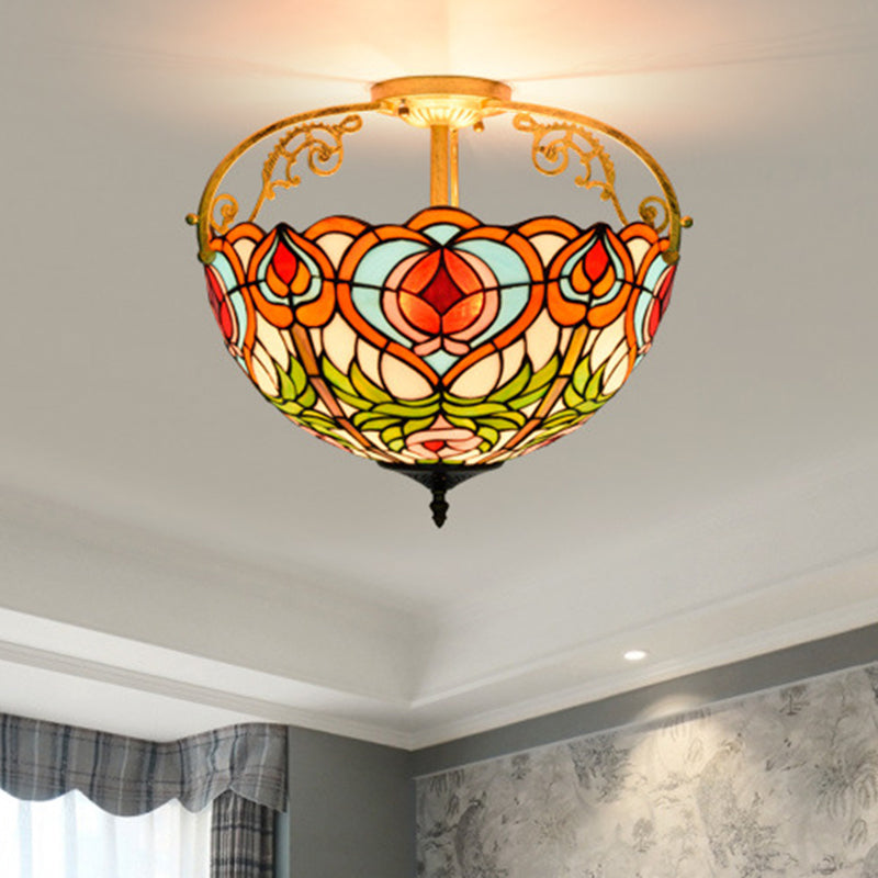 2/3 Lights Petal Semi Flush Mediterranean Red Cut Glass Close to Ceiling Lamp for Bedroom 3 Red Clearhalo 'Ceiling Lights' 'Close To Ceiling Lights' 'Close to ceiling' 'Glass shade' 'Glass' 'Semi-flushmount' 'Tiffany close to ceiling' 'Tiffany' Lighting' 360534