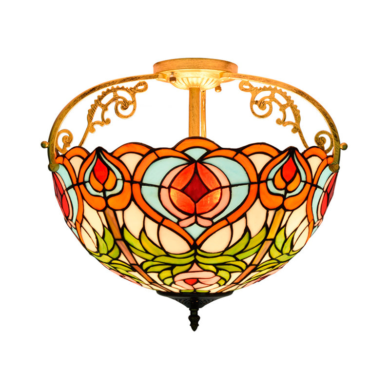 2/3 Lights Petal Semi Flush Mediterranean Red Cut Glass Close to Ceiling Lamp for Bedroom Clearhalo 'Ceiling Lights' 'Close To Ceiling Lights' 'Close to ceiling' 'Glass shade' 'Glass' 'Semi-flushmount' 'Tiffany close to ceiling' 'Tiffany' Lighting' 360535