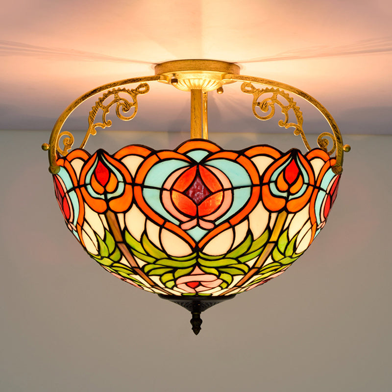 2/3 Lights Petal Semi Flush Mediterranean Red Cut Glass Close to Ceiling Lamp for Bedroom Clearhalo 'Ceiling Lights' 'Close To Ceiling Lights' 'Close to ceiling' 'Glass shade' 'Glass' 'Semi-flushmount' 'Tiffany close to ceiling' 'Tiffany' Lighting' 360536