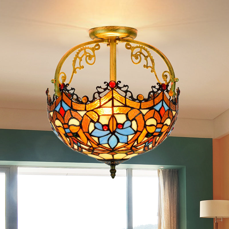 2/3 Lights Semi Mount Lighting Tiffany Style Lotus Stained Glass Ceiling Fixture in Brown for Dining Room Clearhalo 'Ceiling Lights' 'Close To Ceiling Lights' 'Close to ceiling' 'Glass shade' 'Glass' 'Semi-flushmount' 'Tiffany close to ceiling' 'Tiffany' Lighting' 360539