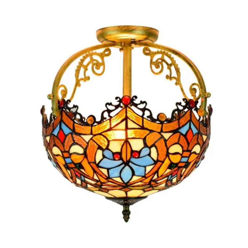 2/3 Lights Semi Mount Lighting Tiffany Style Lotus Stained Glass Ceiling Fixture in Brown for Dining Room Clearhalo 'Ceiling Lights' 'Close To Ceiling Lights' 'Close to ceiling' 'Glass shade' 'Glass' 'Semi-flushmount' 'Tiffany close to ceiling' 'Tiffany' Lighting' 360540