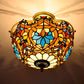 2/3 Lights Semi Mount Lighting Tiffany Style Lotus Stained Glass Ceiling Fixture in Brown for Dining Room Clearhalo 'Ceiling Lights' 'Close To Ceiling Lights' 'Close to ceiling' 'Glass shade' 'Glass' 'Semi-flushmount' 'Tiffany close to ceiling' 'Tiffany' Lighting' 360541
