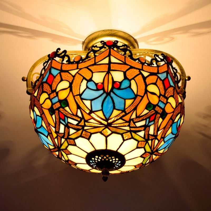 2/3 Lights Semi Mount Lighting Tiffany Style Lotus Stained Glass Ceiling Fixture in Brown for Dining Room Clearhalo 'Ceiling Lights' 'Close To Ceiling Lights' 'Close to ceiling' 'Glass shade' 'Glass' 'Semi-flushmount' 'Tiffany close to ceiling' 'Tiffany' Lighting' 360541