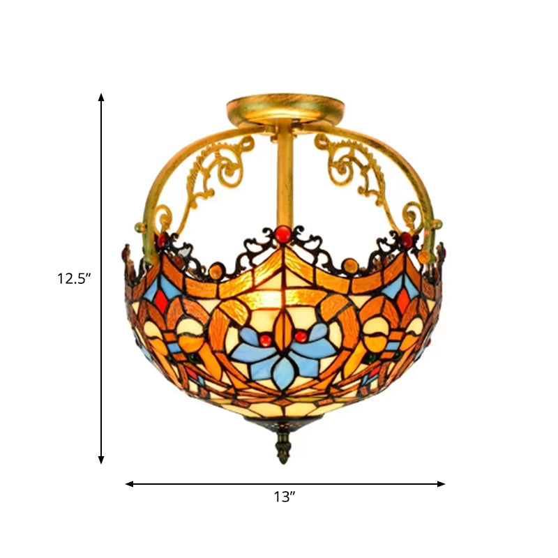 2/3 Lights Semi Mount Lighting Tiffany Style Lotus Stained Glass Ceiling Fixture in Brown for Dining Room Clearhalo 'Ceiling Lights' 'Close To Ceiling Lights' 'Close to ceiling' 'Glass shade' 'Glass' 'Semi-flushmount' 'Tiffany close to ceiling' 'Tiffany' Lighting' 360542