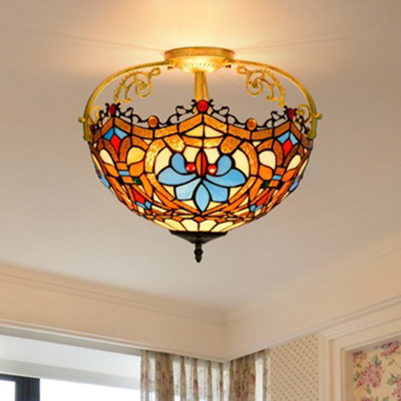 2/3 Lights Semi Mount Lighting Tiffany Style Lotus Stained Glass Ceiling Fixture in Brown for Dining Room 3 Brown Clearhalo 'Ceiling Lights' 'Close To Ceiling Lights' 'Close to ceiling' 'Glass shade' 'Glass' 'Semi-flushmount' 'Tiffany close to ceiling' 'Tiffany' Lighting' 360543