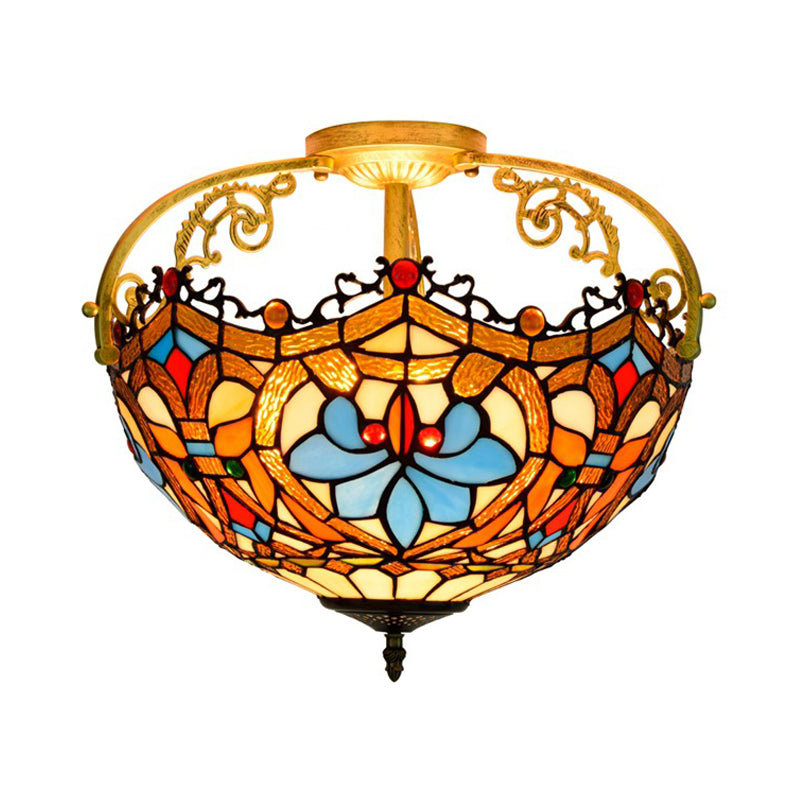 2/3 Lights Semi Mount Lighting Tiffany Style Lotus Stained Glass Ceiling Fixture in Brown for Dining Room Clearhalo 'Ceiling Lights' 'Close To Ceiling Lights' 'Close to ceiling' 'Glass shade' 'Glass' 'Semi-flushmount' 'Tiffany close to ceiling' 'Tiffany' Lighting' 360544