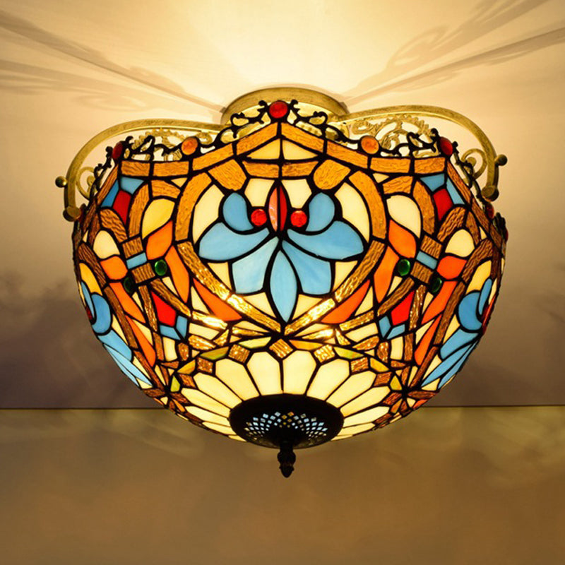 2/3 Lights Semi Mount Lighting Tiffany Style Lotus Stained Glass Ceiling Fixture in Brown for Dining Room Clearhalo 'Ceiling Lights' 'Close To Ceiling Lights' 'Close to ceiling' 'Glass shade' 'Glass' 'Semi-flushmount' 'Tiffany close to ceiling' 'Tiffany' Lighting' 360545
