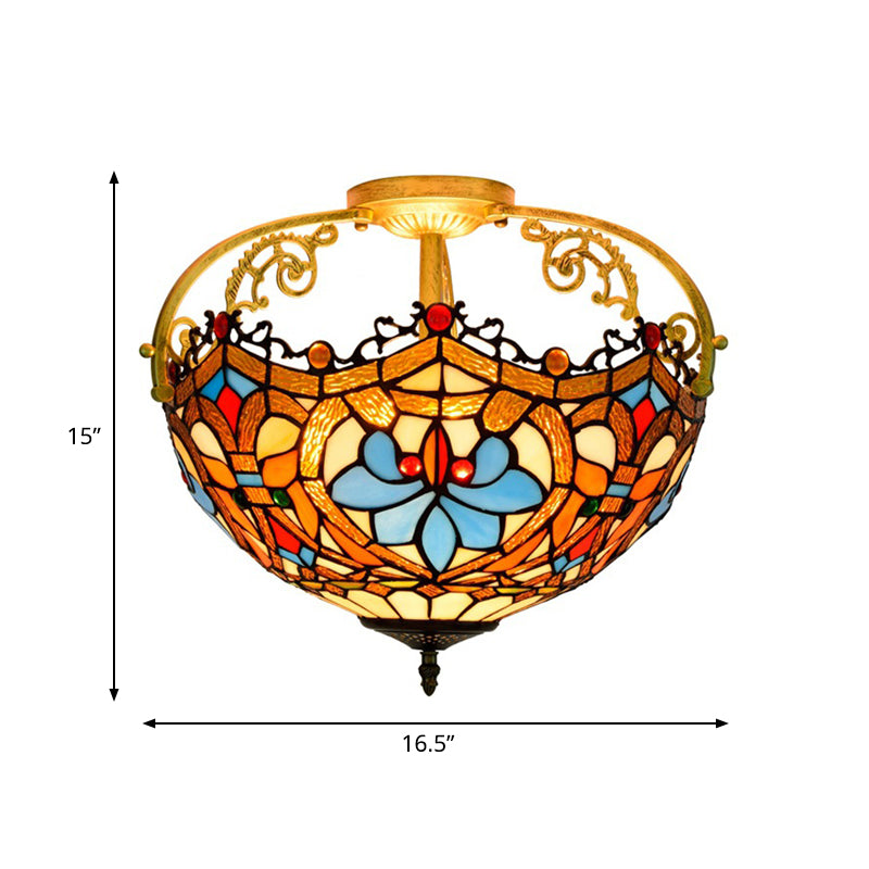 2/3 Lights Semi Mount Lighting Tiffany Style Lotus Stained Glass Ceiling Fixture in Brown for Dining Room Clearhalo 'Ceiling Lights' 'Close To Ceiling Lights' 'Close to ceiling' 'Glass shade' 'Glass' 'Semi-flushmount' 'Tiffany close to ceiling' 'Tiffany' Lighting' 360546