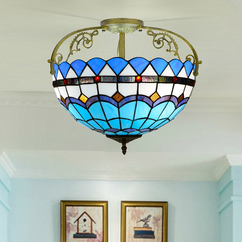 3 Lights Kitchen Semi Flush Ceiling Light Tiffany Yellow/Brown/Blue Lighting Fixture with Bowl Stained Art Glass Shade Clearhalo 'Ceiling Lights' 'Close To Ceiling Lights' 'Close to ceiling' 'Glass shade' 'Glass' 'Semi-flushmount' 'Tiffany close to ceiling' 'Tiffany' Lighting' 360548
