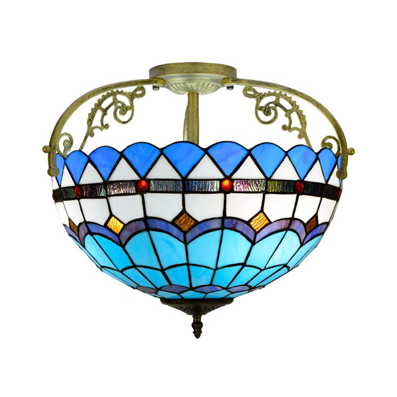 3 Lights Kitchen Semi Flush Ceiling Light Tiffany Yellow/Brown/Blue Lighting Fixture with Bowl Stained Art Glass Shade Clearhalo 'Ceiling Lights' 'Close To Ceiling Lights' 'Close to ceiling' 'Glass shade' 'Glass' 'Semi-flushmount' 'Tiffany close to ceiling' 'Tiffany' Lighting' 360549