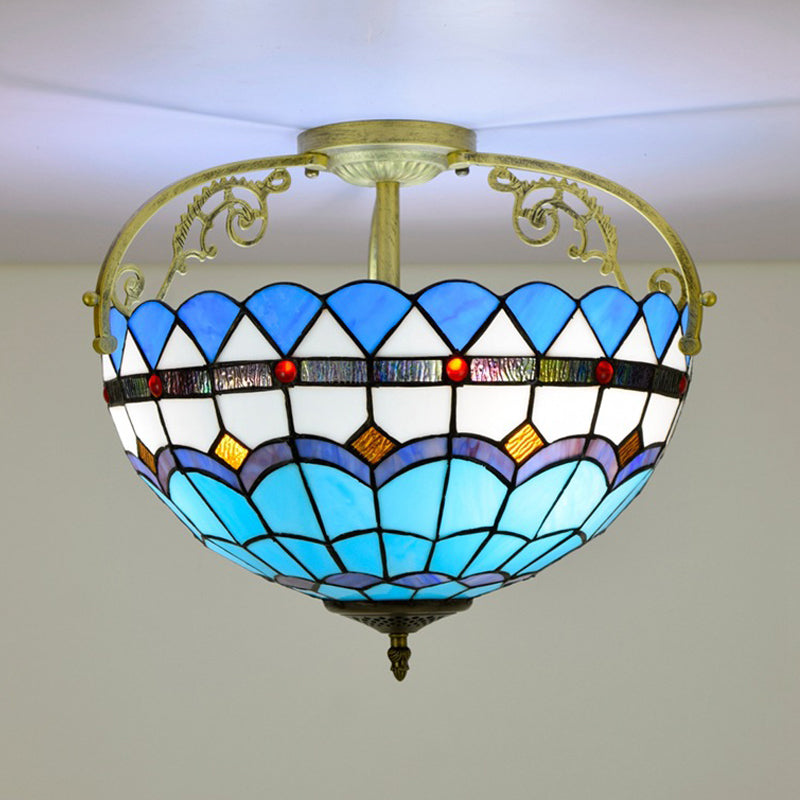 3 Lights Kitchen Semi Flush Ceiling Light Tiffany Yellow/Brown/Blue Lighting Fixture with Bowl Stained Art Glass Shade Clearhalo 'Ceiling Lights' 'Close To Ceiling Lights' 'Close to ceiling' 'Glass shade' 'Glass' 'Semi-flushmount' 'Tiffany close to ceiling' 'Tiffany' Lighting' 360550