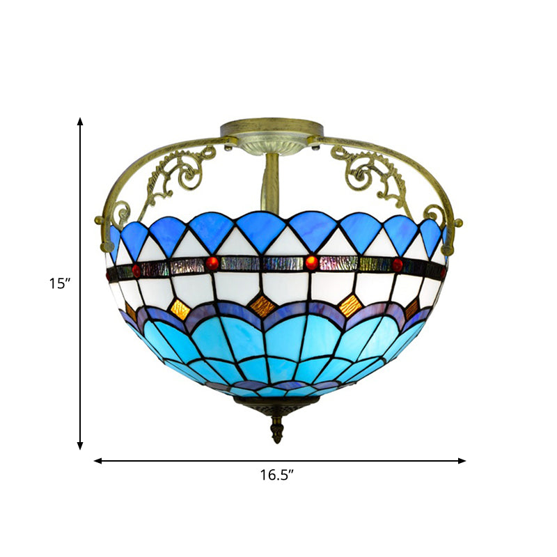 3 Lights Kitchen Semi Flush Ceiling Light Tiffany Yellow/Brown/Blue Lighting Fixture with Bowl Stained Art Glass Shade Clearhalo 'Ceiling Lights' 'Close To Ceiling Lights' 'Close to ceiling' 'Glass shade' 'Glass' 'Semi-flushmount' 'Tiffany close to ceiling' 'Tiffany' Lighting' 360551
