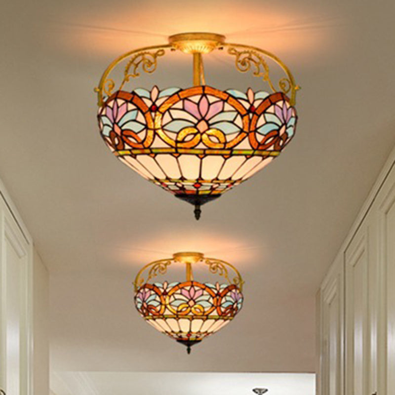 3 Lights Kitchen Semi Flush Ceiling Light Tiffany Yellow/Brown/Blue Lighting Fixture with Bowl Stained Art Glass Shade Brown Clearhalo 'Ceiling Lights' 'Close To Ceiling Lights' 'Close to ceiling' 'Glass shade' 'Glass' 'Semi-flushmount' 'Tiffany close to ceiling' 'Tiffany' Lighting' 360552