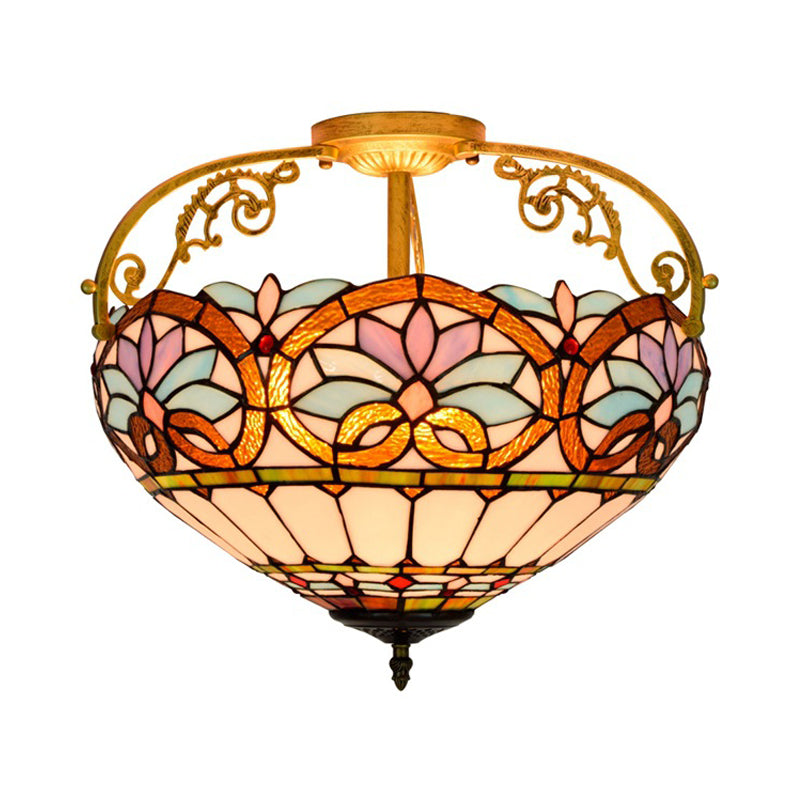 3 Lights Kitchen Semi Flush Ceiling Light Tiffany Yellow/Brown/Blue Lighting Fixture with Bowl Stained Art Glass Shade Clearhalo 'Ceiling Lights' 'Close To Ceiling Lights' 'Close to ceiling' 'Glass shade' 'Glass' 'Semi-flushmount' 'Tiffany close to ceiling' 'Tiffany' Lighting' 360553