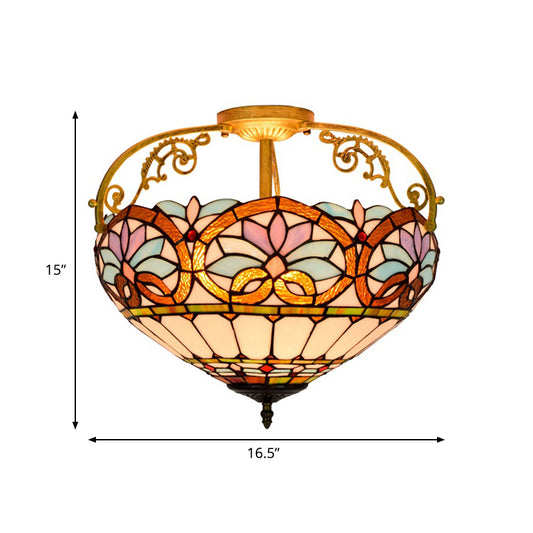 3 Lights Kitchen Semi Flush Ceiling Light Tiffany Yellow/Brown/Blue Lighting Fixture with Bowl Stained Art Glass Shade Clearhalo 'Ceiling Lights' 'Close To Ceiling Lights' 'Close to ceiling' 'Glass shade' 'Glass' 'Semi-flushmount' 'Tiffany close to ceiling' 'Tiffany' Lighting' 360555