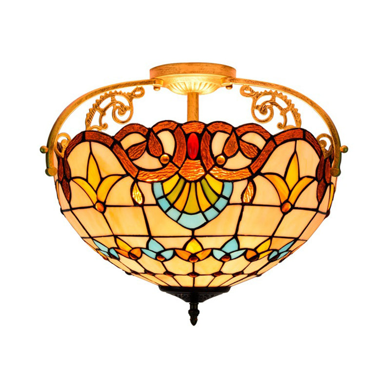 3 Lights Kitchen Semi Flush Ceiling Light Tiffany Yellow/Brown/Blue Lighting Fixture with Bowl Stained Art Glass Shade Clearhalo 'Ceiling Lights' 'Close To Ceiling Lights' 'Close to ceiling' 'Glass shade' 'Glass' 'Semi-flushmount' 'Tiffany close to ceiling' 'Tiffany' Lighting' 360557