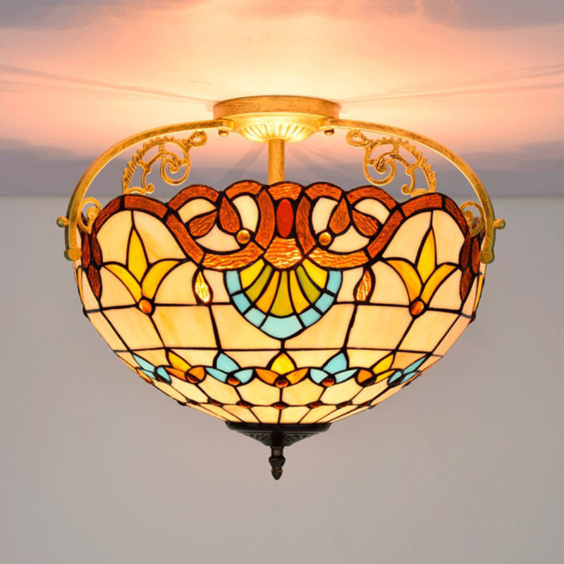 3 Lights Kitchen Semi Flush Ceiling Light Tiffany Yellow/Brown/Blue Lighting Fixture with Bowl Stained Art Glass Shade Clearhalo 'Ceiling Lights' 'Close To Ceiling Lights' 'Close to ceiling' 'Glass shade' 'Glass' 'Semi-flushmount' 'Tiffany close to ceiling' 'Tiffany' Lighting' 360558