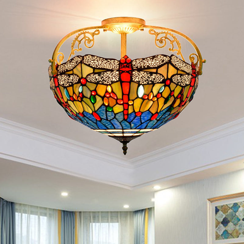 Cut Glass Dragonfly Semi Flush Mount Mediterranean 3 Lights Yellow/Orange/Blue Ceiling Light Fixture for Corridor Clearhalo 'Ceiling Lights' 'Close To Ceiling Lights' 'Close to ceiling' 'Glass shade' 'Glass' 'Semi-flushmount' 'Tiffany close to ceiling' 'Tiffany' Lighting' 360561
