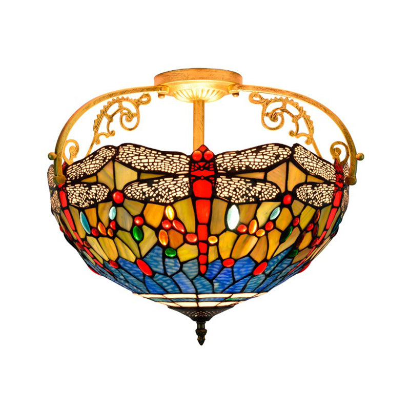 Cut Glass Dragonfly Semi Flush Mount Mediterranean 3 Lights Yellow/Orange/Blue Ceiling Light Fixture for Corridor Clearhalo 'Ceiling Lights' 'Close To Ceiling Lights' 'Close to ceiling' 'Glass shade' 'Glass' 'Semi-flushmount' 'Tiffany close to ceiling' 'Tiffany' Lighting' 360562