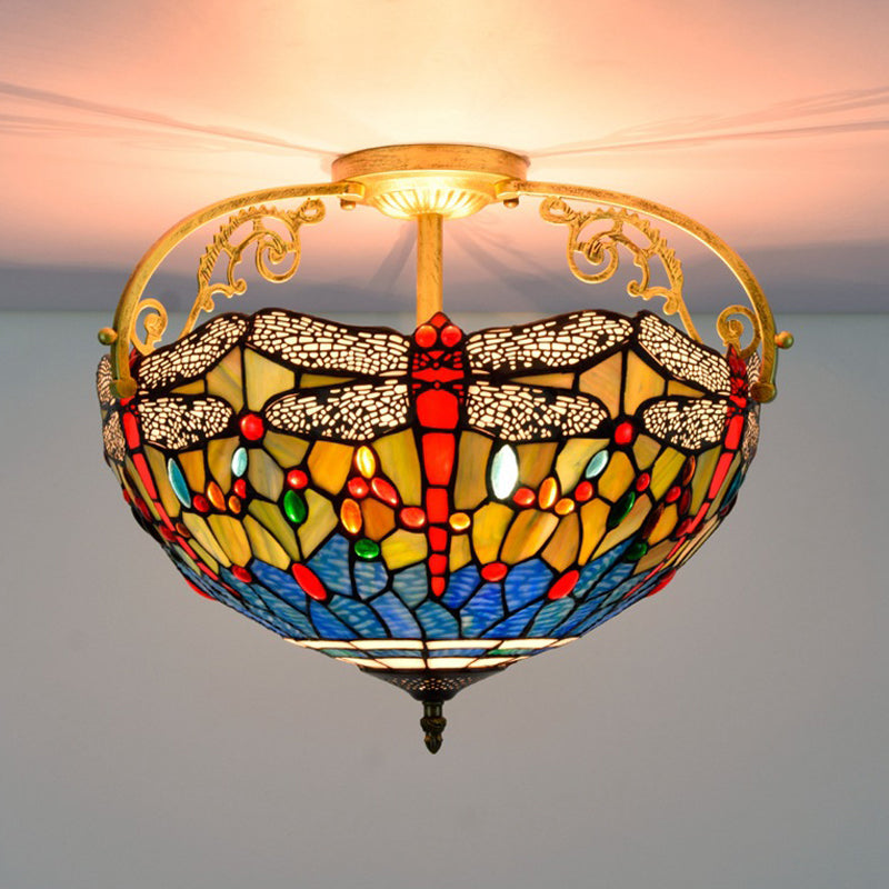 Cut Glass Dragonfly Semi Flush Mount Mediterranean 3 Lights Yellow/Orange/Blue Ceiling Light Fixture for Corridor Clearhalo 'Ceiling Lights' 'Close To Ceiling Lights' 'Close to ceiling' 'Glass shade' 'Glass' 'Semi-flushmount' 'Tiffany close to ceiling' 'Tiffany' Lighting' 360563