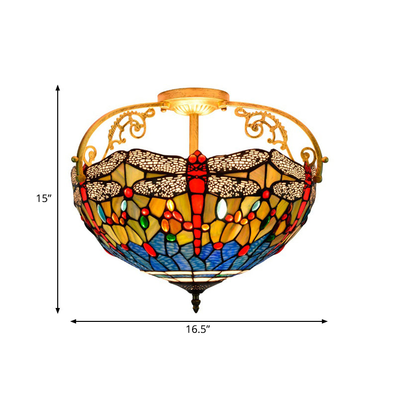 Cut Glass Dragonfly Semi Flush Mount Mediterranean 3 Lights Yellow/Orange/Blue Ceiling Light Fixture for Corridor Clearhalo 'Ceiling Lights' 'Close To Ceiling Lights' 'Close to ceiling' 'Glass shade' 'Glass' 'Semi-flushmount' 'Tiffany close to ceiling' 'Tiffany' Lighting' 360564