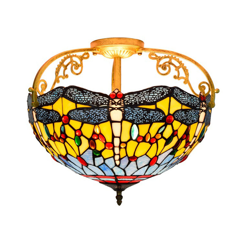 Cut Glass Dragonfly Semi Flush Mount Mediterranean 3 Lights Yellow/Orange/Blue Ceiling Light Fixture for Corridor Clearhalo 'Ceiling Lights' 'Close To Ceiling Lights' 'Close to ceiling' 'Glass shade' 'Glass' 'Semi-flushmount' 'Tiffany close to ceiling' 'Tiffany' Lighting' 360566