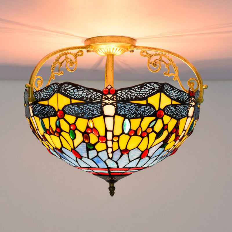 Cut Glass Dragonfly Semi Flush Mount Mediterranean 3 Lights Yellow/Orange/Blue Ceiling Light Fixture for Corridor Clearhalo 'Ceiling Lights' 'Close To Ceiling Lights' 'Close to ceiling' 'Glass shade' 'Glass' 'Semi-flushmount' 'Tiffany close to ceiling' 'Tiffany' Lighting' 360567