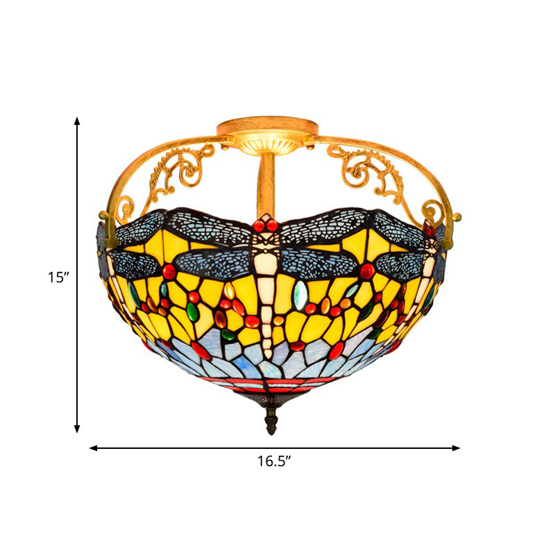 Cut Glass Dragonfly Semi Flush Mount Mediterranean 3 Lights Yellow/Orange/Blue Ceiling Light Fixture for Corridor Clearhalo 'Ceiling Lights' 'Close To Ceiling Lights' 'Close to ceiling' 'Glass shade' 'Glass' 'Semi-flushmount' 'Tiffany close to ceiling' 'Tiffany' Lighting' 360568