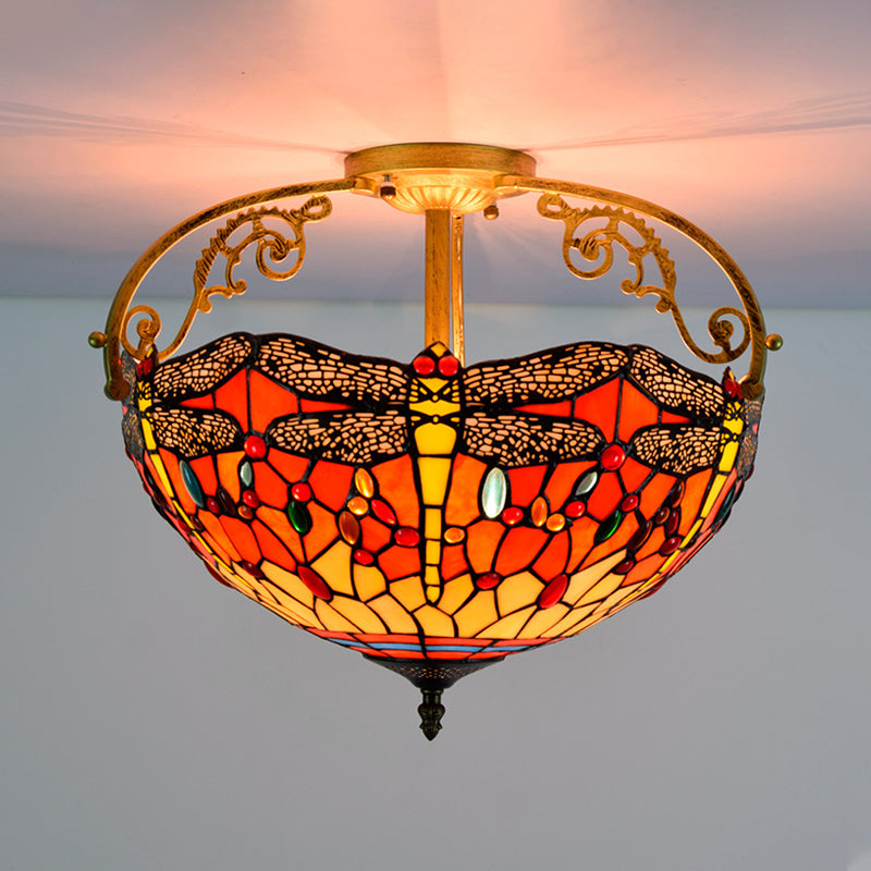 Cut Glass Dragonfly Semi Flush Mount Mediterranean 3 Lights Yellow/Orange/Blue Ceiling Light Fixture for Corridor Clearhalo 'Ceiling Lights' 'Close To Ceiling Lights' 'Close to ceiling' 'Glass shade' 'Glass' 'Semi-flushmount' 'Tiffany close to ceiling' 'Tiffany' Lighting' 360570