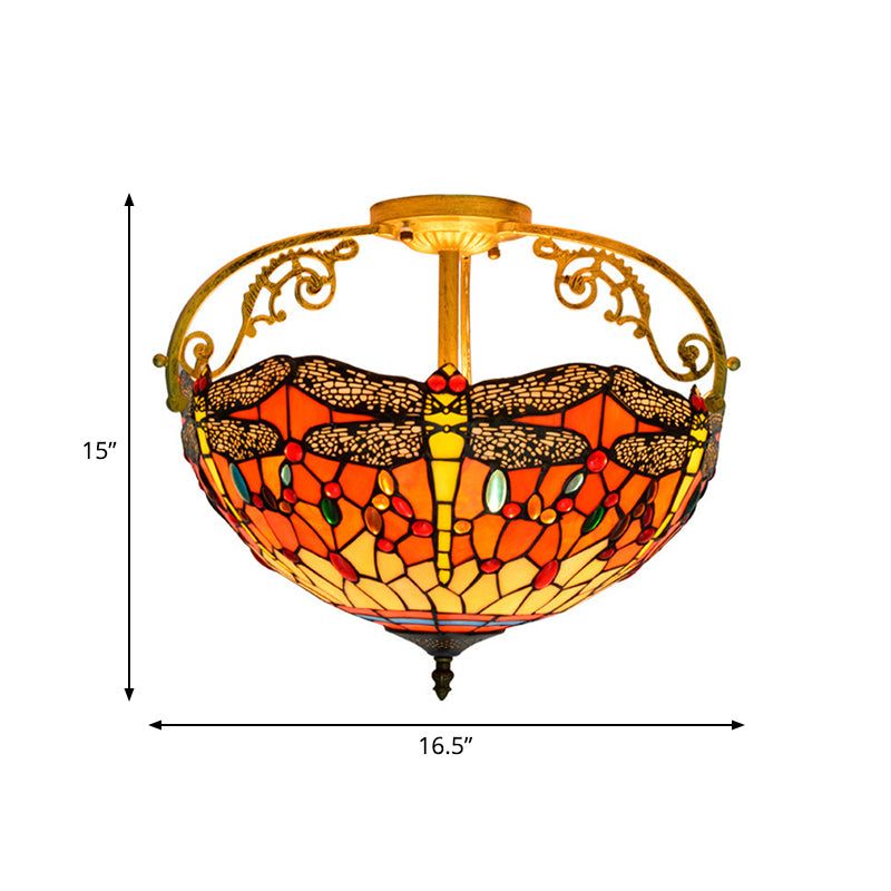 Cut Glass Dragonfly Semi Flush Mount Mediterranean 3 Lights Yellow/Orange/Blue Ceiling Light Fixture for Corridor Clearhalo 'Ceiling Lights' 'Close To Ceiling Lights' 'Close to ceiling' 'Glass shade' 'Glass' 'Semi-flushmount' 'Tiffany close to ceiling' 'Tiffany' Lighting' 360571