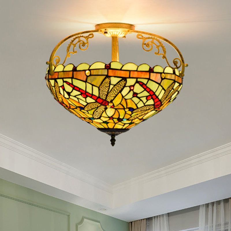 Cut Glass Dragonfly Semi Flush Mount Mediterranean 3 Lights Yellow/Orange/Blue Ceiling Light Fixture for Corridor Yellow Clearhalo 'Ceiling Lights' 'Close To Ceiling Lights' 'Close to ceiling' 'Glass shade' 'Glass' 'Semi-flushmount' 'Tiffany close to ceiling' 'Tiffany' Lighting' 360572