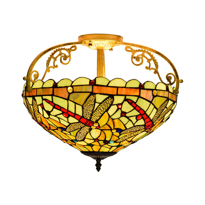 Cut Glass Dragonfly Semi Flush Mount Mediterranean 3 Lights Yellow/Orange/Blue Ceiling Light Fixture for Corridor Clearhalo 'Ceiling Lights' 'Close To Ceiling Lights' 'Close to ceiling' 'Glass shade' 'Glass' 'Semi-flushmount' 'Tiffany close to ceiling' 'Tiffany' Lighting' 360573