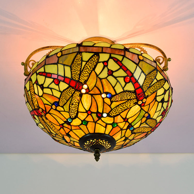 Cut Glass Dragonfly Semi Flush Mount Mediterranean 3 Lights Yellow/Orange/Blue Ceiling Light Fixture for Corridor Clearhalo 'Ceiling Lights' 'Close To Ceiling Lights' 'Close to ceiling' 'Glass shade' 'Glass' 'Semi-flushmount' 'Tiffany close to ceiling' 'Tiffany' Lighting' 360574