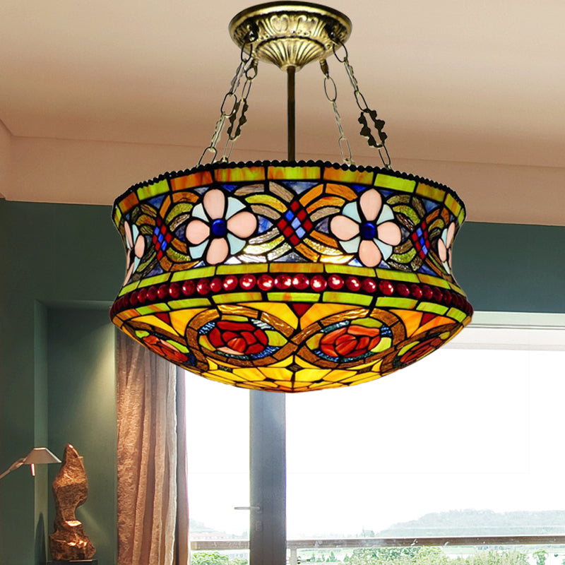 Blossom Semi Mount Lighting Victorian Stained Art Glass 5 Lights Brown Ceiling Fixture for Bedroom Brown Clearhalo 'Ceiling Lights' 'Close To Ceiling Lights' 'Close to ceiling' 'Glass shade' 'Glass' 'Semi-flushmount' 'Tiffany close to ceiling' 'Tiffany' Lighting' 360586