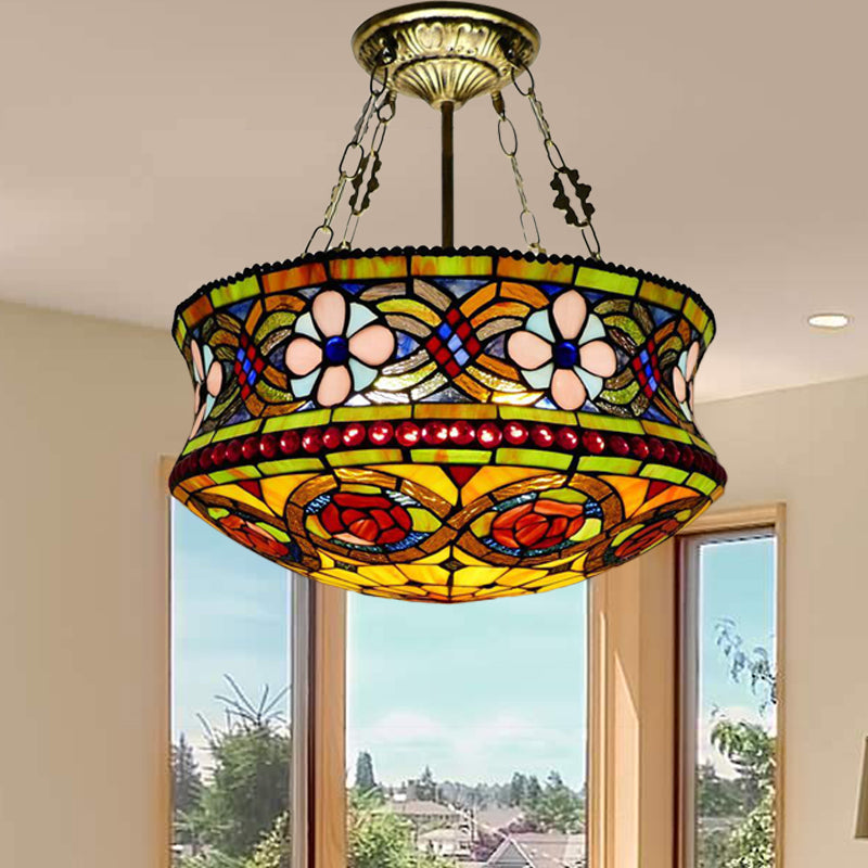 Blossom Semi Mount Lighting Victorian Stained Art Glass 5 Lights Brown Ceiling Fixture for Bedroom Clearhalo 'Ceiling Lights' 'Close To Ceiling Lights' 'Close to ceiling' 'Glass shade' 'Glass' 'Semi-flushmount' 'Tiffany close to ceiling' 'Tiffany' Lighting' 360588