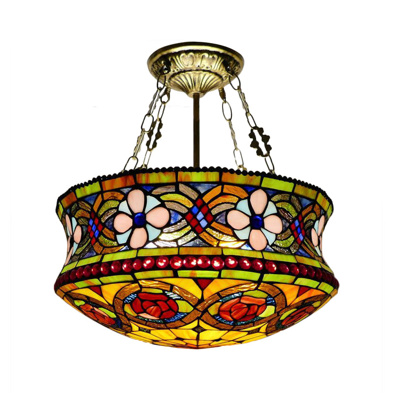 Blossom Semi Mount Lighting Victorian Stained Art Glass 5 Lights Brown Ceiling Fixture for Bedroom Clearhalo 'Ceiling Lights' 'Close To Ceiling Lights' 'Close to ceiling' 'Glass shade' 'Glass' 'Semi-flushmount' 'Tiffany close to ceiling' 'Tiffany' Lighting' 360589