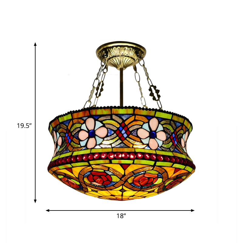 Blossom Semi Mount Lighting Victorian Stained Art Glass 5 Lights Brown Ceiling Fixture for Bedroom Clearhalo 'Ceiling Lights' 'Close To Ceiling Lights' 'Close to ceiling' 'Glass shade' 'Glass' 'Semi-flushmount' 'Tiffany close to ceiling' 'Tiffany' Lighting' 360590