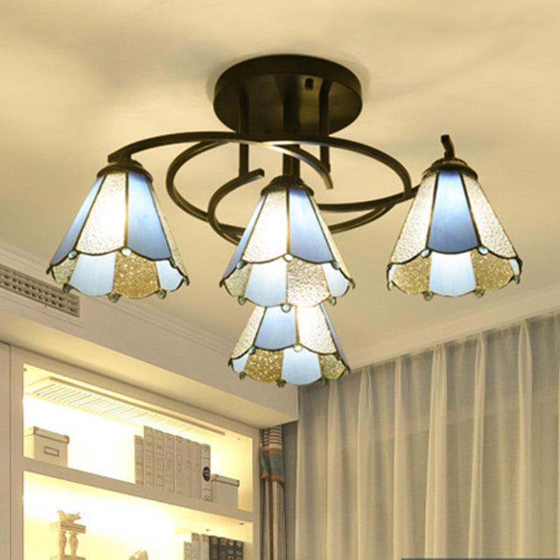 4 Lights Bedroom Semi Flush Mount Light Mediterranean Black Ceiling Lamp with Cone/Dome White/Beige/Blue Glass Shade Blue Clearhalo 'Ceiling Lights' 'Close To Ceiling Lights' 'Close to ceiling' 'Glass shade' 'Glass' 'Semi-flushmount' 'Tiffany close to ceiling' 'Tiffany' Lighting' 360591