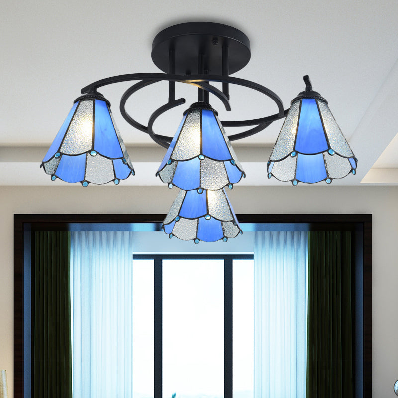 4 Lights Bedroom Semi Flush Mount Light Mediterranean Black Ceiling Lamp with Cone/Dome White/Beige/Blue Glass Shade Clearhalo 'Ceiling Lights' 'Close To Ceiling Lights' 'Close to ceiling' 'Glass shade' 'Glass' 'Semi-flushmount' 'Tiffany close to ceiling' 'Tiffany' Lighting' 360592