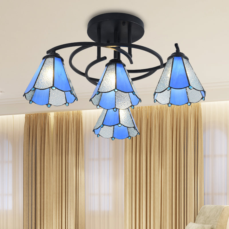 4 Lights Bedroom Semi Flush Mount Light Mediterranean Black Ceiling Lamp with Cone/Dome White/Beige/Blue Glass Shade Clearhalo 'Ceiling Lights' 'Close To Ceiling Lights' 'Close to ceiling' 'Glass shade' 'Glass' 'Semi-flushmount' 'Tiffany close to ceiling' 'Tiffany' Lighting' 360593