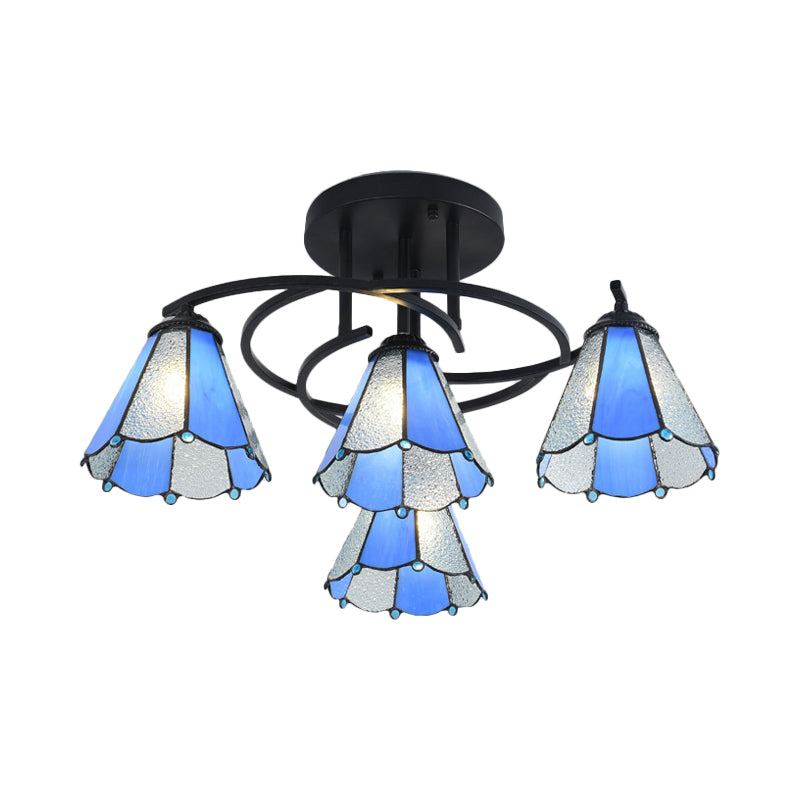 4 Lights Bedroom Semi Flush Mount Light Mediterranean Black Ceiling Lamp with Cone/Dome White/Beige/Blue Glass Shade Clearhalo 'Ceiling Lights' 'Close To Ceiling Lights' 'Close to ceiling' 'Glass shade' 'Glass' 'Semi-flushmount' 'Tiffany close to ceiling' 'Tiffany' Lighting' 360594