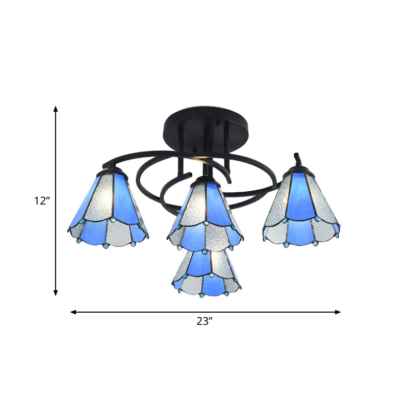 4 Lights Bedroom Semi Flush Mount Light Mediterranean Black Ceiling Lamp with Cone/Dome White/Beige/Blue Glass Shade Clearhalo 'Ceiling Lights' 'Close To Ceiling Lights' 'Close to ceiling' 'Glass shade' 'Glass' 'Semi-flushmount' 'Tiffany close to ceiling' 'Tiffany' Lighting' 360595