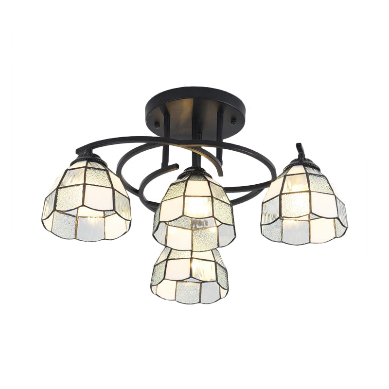 4 Lights Bedroom Semi Flush Mount Light Mediterranean Black Ceiling Lamp with Cone/Dome White/Beige/Blue Glass Shade Clearhalo 'Ceiling Lights' 'Close To Ceiling Lights' 'Close to ceiling' 'Glass shade' 'Glass' 'Semi-flushmount' 'Tiffany close to ceiling' 'Tiffany' Lighting' 360597