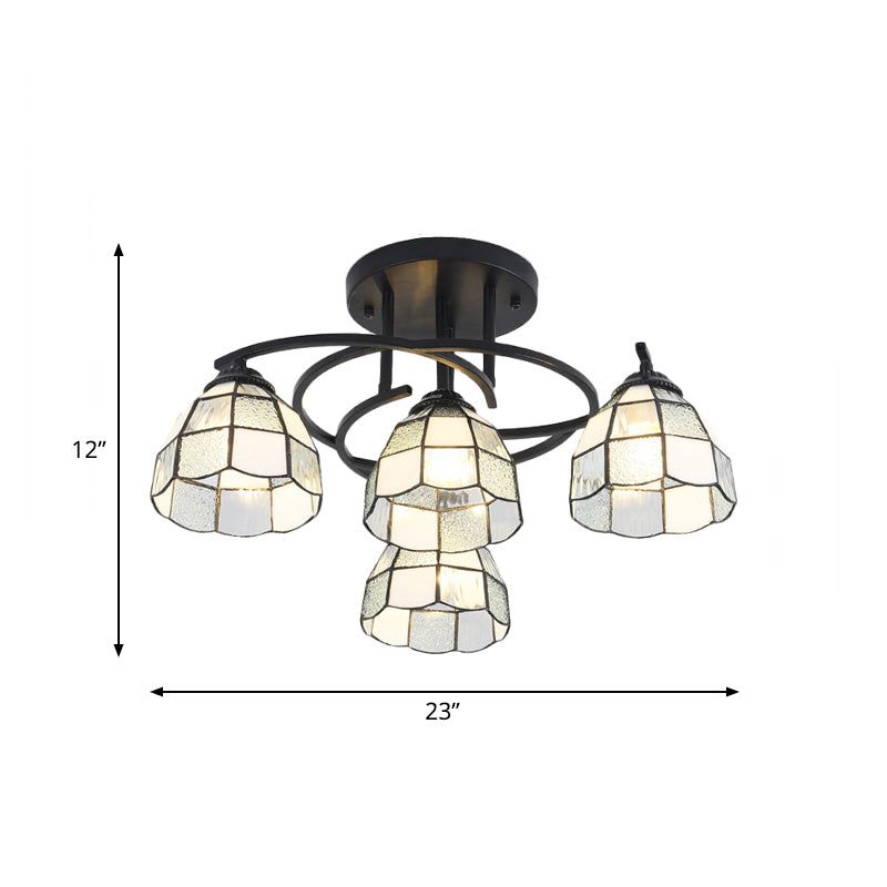 4 Lights Bedroom Semi Flush Mount Light Mediterranean Black Ceiling Lamp with Cone/Dome White/Beige/Blue Glass Shade Clearhalo 'Ceiling Lights' 'Close To Ceiling Lights' 'Close to ceiling' 'Glass shade' 'Glass' 'Semi-flushmount' 'Tiffany close to ceiling' 'Tiffany' Lighting' 360598
