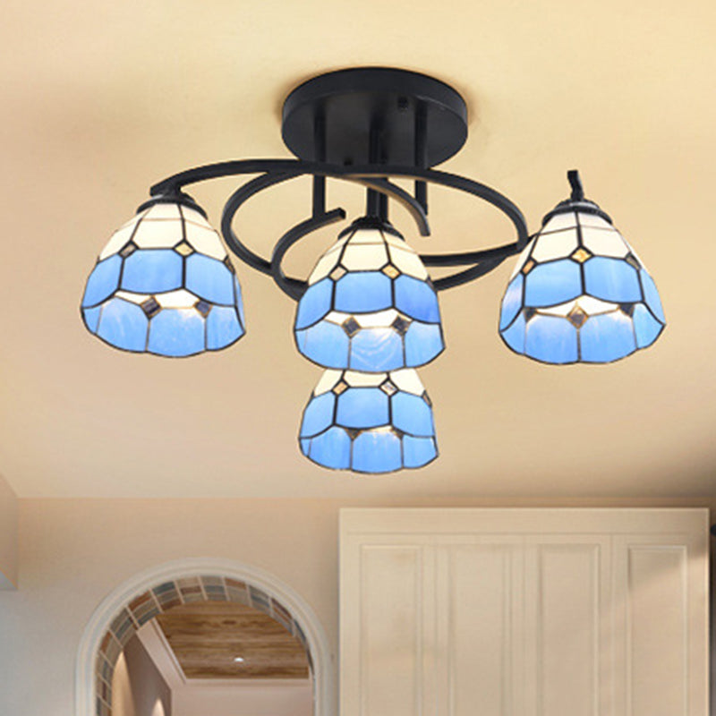 4 Lights Bedroom Semi Flush Mount Light Mediterranean Black Ceiling Lamp with Cone/Dome White/Beige/Blue Glass Shade Light Blue-White Clearhalo 'Ceiling Lights' 'Close To Ceiling Lights' 'Close to ceiling' 'Glass shade' 'Glass' 'Semi-flushmount' 'Tiffany close to ceiling' 'Tiffany' Lighting' 360599