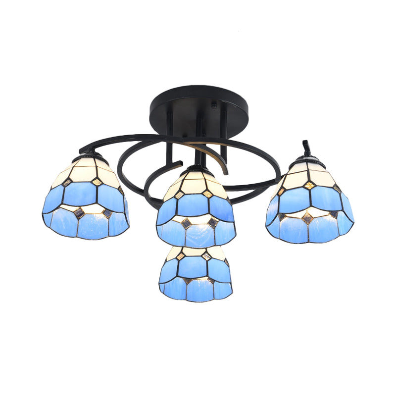 4 Lights Bedroom Semi Flush Mount Light Mediterranean Black Ceiling Lamp with Cone/Dome White/Beige/Blue Glass Shade Clearhalo 'Ceiling Lights' 'Close To Ceiling Lights' 'Close to ceiling' 'Glass shade' 'Glass' 'Semi-flushmount' 'Tiffany close to ceiling' 'Tiffany' Lighting' 360600