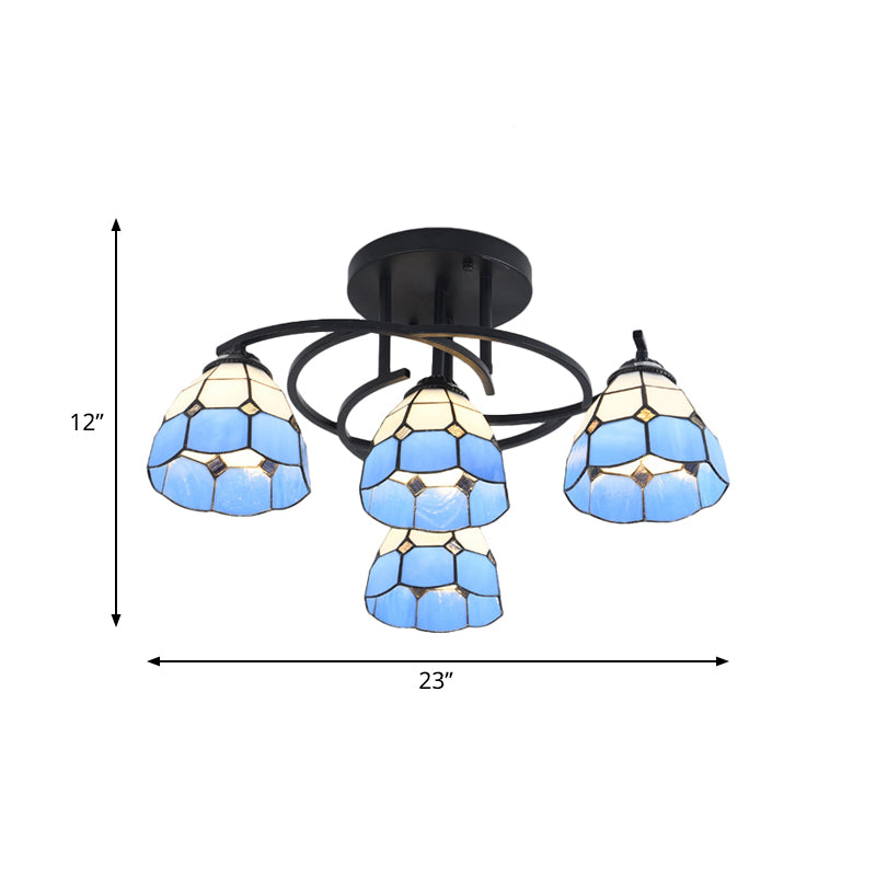 4 Lights Bedroom Semi Flush Mount Light Mediterranean Black Ceiling Lamp with Cone/Dome White/Beige/Blue Glass Shade Clearhalo 'Ceiling Lights' 'Close To Ceiling Lights' 'Close to ceiling' 'Glass shade' 'Glass' 'Semi-flushmount' 'Tiffany close to ceiling' 'Tiffany' Lighting' 360601